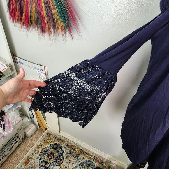 LOFT Navy Blue Lace Trimmed Bell Sleeve Off The Shoulder Blouse Size Medium - Picture 7 of 12